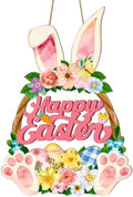 Wooden Easter Wreaths for Front Door Happy Easter Sign Hollow Bunny Sign Rabbit Spring Door Decoration, Colorful