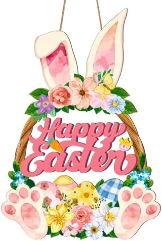 Wooden Easter Wreaths for Front Door Happy Easter Sign Hollow Bunny Sign Rabbit Spring Door Decoration, Colorful