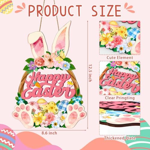 Wooden Easter Wreaths for Front Door Happy Easter Sign Hollow Bunny Sign Rabbit Spring Door Decoration, Colorful, alternate