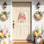 Wooden Easter Wreaths for Front Door Happy Easter Sign Hollow Bunny Sign Rabbit Spring Door Decoration, Colorful, alternate