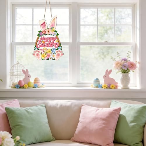 Wooden Easter Wreaths for Front Door Happy Easter Sign Hollow Bunny Sign Rabbit Spring Door Decoration, Colorful, alternate
