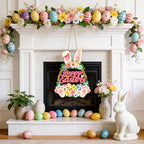 Wooden Easter Wreaths for Front Door Happy Easter Sign Hollow Bunny Sign Rabbit Spring Door Decoration, Colorful, alternate