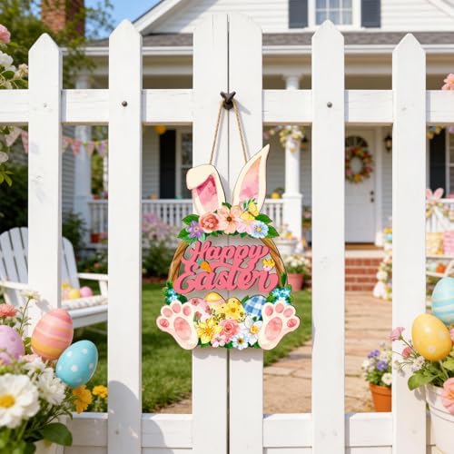 Wooden Easter Wreaths for Front Door Happy Easter Sign Hollow Bunny Sign Rabbit Spring Door Decoration, Colorful, alternate