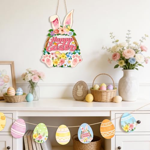 Wooden Easter Wreaths for Front Door Happy Easter Sign Hollow Bunny Sign Rabbit Spring Door Decoration, Colorful, alternate