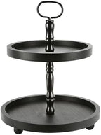 Wooden Farmhouse Round 2 Tier Decorative Tray for Home Kitchen Office in Black