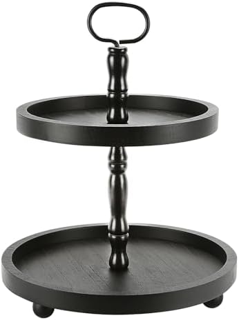 Wooden Farmhouse Round 2 Tier Decorative Tray for Home Kitchen Office in Black