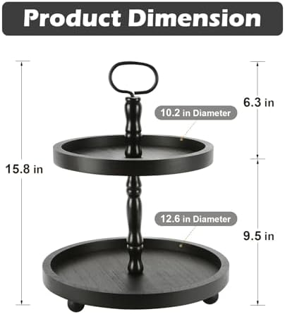 Wooden Farmhouse Round 2 Tier Decorative Tray for Home Kitchen Office in Black, alternate view 3