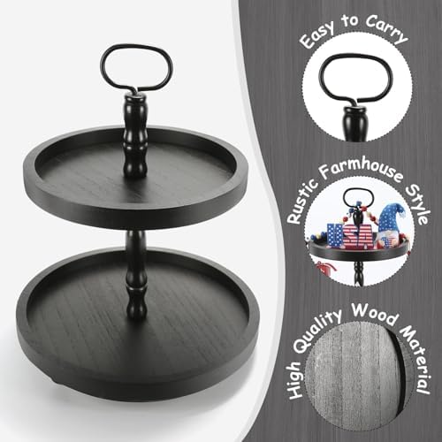 Wooden Farmhouse Round 2 Tier Decorative Tray for Home Kitchen Office in Black, alternate view 4