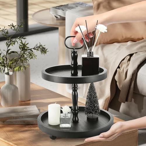 Wooden Farmhouse Round 2 Tier Decorative Tray for Home Kitchen Office in Black, alternate view 7