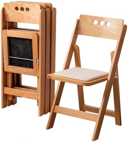 Wooden Folding Chair, Round Hole backrest, Natural Color, Set of 4