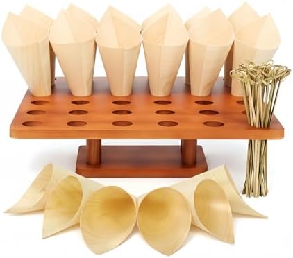 Wooden Food Cone Holder, 36 Slots, 100 Cones, 100 Picks in Light Brown