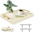 Wooden Serving Tray with 2 Sets of Handles, Cream in 16.5 x 13 x 1.38 inches in Off-white-large