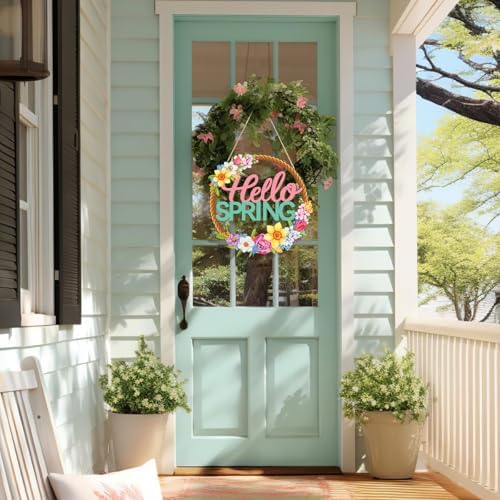 Wooden Spring Decoration Door Wreath for Front Door Sign Wall Signs, Hollow Flower Wreath Sign Hello Spring, alternate view 4