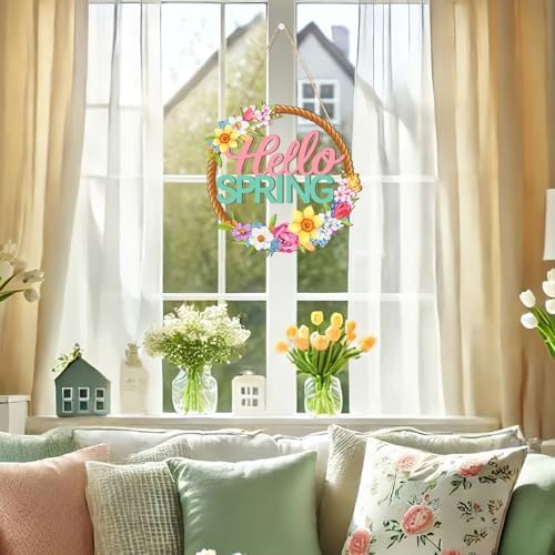 Wooden Spring Decoration Door Wreath for Front Door Sign Wall Signs, Hollow Flower Wreath Sign Hello Spring, alternate view 5