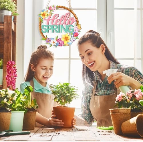 Wooden Spring Decoration Door Wreath for Front Door Sign Wall Signs, Hollow Flower Wreath Sign Hello Spring, alternate view 6