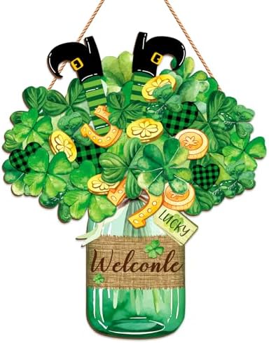 Wooden St. Patrick's Day Door Decorations Sign - Lucky Irish Welcome Signs with Shamrock Wreath for Front Door