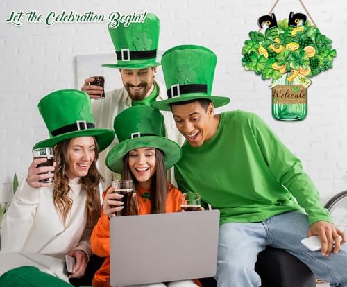 Wooden St. Patrick's Day Door Decorations Sign - Lucky Irish Welcome Signs with Shamrock Wreath for Front Door, alternate