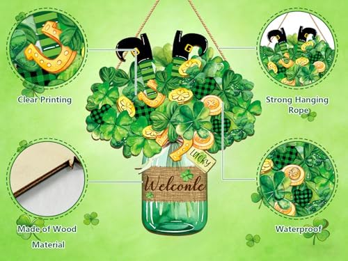 Wooden St. Patrick's Day Door Decorations Sign - Lucky Irish Welcome Signs with Shamrock Wreath for Front Door, alternate
