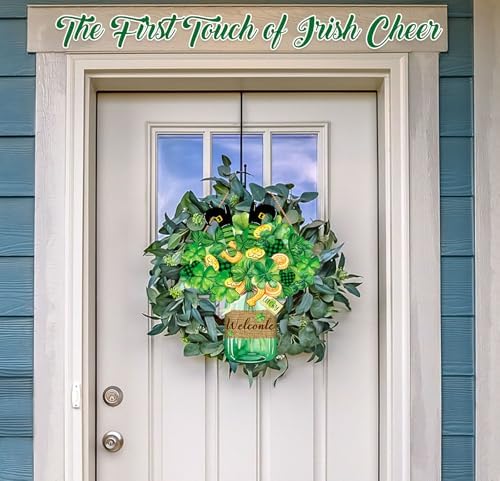 Wooden St. Patrick's Day Door Decorations Sign - Lucky Irish Welcome Signs with Shamrock Wreath for Front Door, alternate