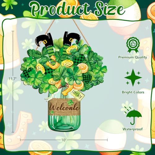 Wooden St. Patrick's Day Door Decorations Sign - Lucky Irish Welcome Signs with Shamrock Wreath for Front Door, alternate