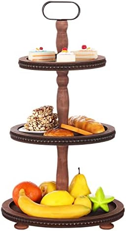 Wooden Tiered Tray 3-Tier Decorative Tray Stand Serving Tray in Brown