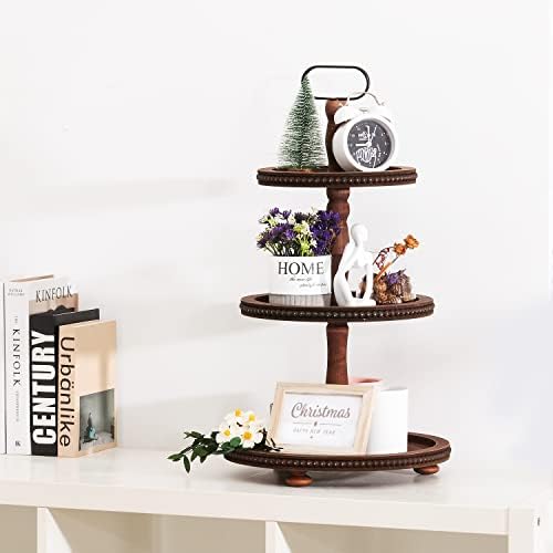 Wooden Tiered Tray 3-Tier Decorative Tray Stand Serving Tray in Brown, alternate view 2