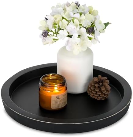 Wooden Tray for Coffee Table: Candle Holder Plate Black Round Decorative Serving Tray - Vintage Table