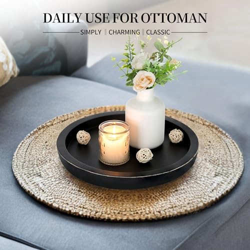 Wooden Tray for Coffee Table: Candle Holder Plate Black Round Decorative Serving Tray - Vintage Table, alternate view 3