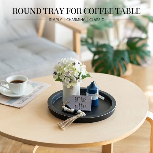 Wooden Tray for Coffee Table: Candle Holder Plate Black Round Decorative Serving Tray - Vintage Table, alternate view 4