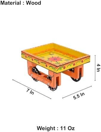 Wooden Trolley with Wheels Hand Painted Serving Tray Indian Decorative Platter for Snack Tea Home Kitchen, alternate view 2