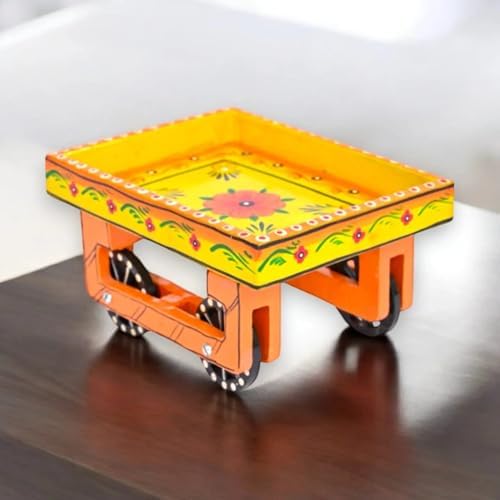 Wooden Trolley with Wheels Hand Painted Serving Tray Indian Decorative Platter for Snack Tea Home Kitchen, alternate view 4