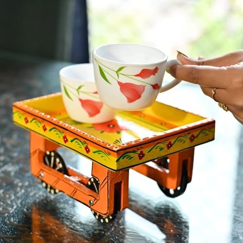 Wooden Trolley with Wheels Hand Painted Serving Tray Indian Decorative Platter for Snack Tea Home Kitchen, alternate view 6