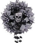 Wreath for Front Door,18 Inch Black White Gothic Skull Wreath with Glitter Skull, Hanging Bats & Wired Ribbons