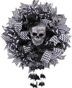 Wreath for Front Door,18 Inch Black White Gothic Skull Wreath with Glitter Skull, Hanging Bats & Wired Ribbons