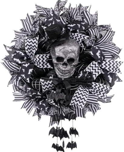 Wreath for Front Door,18 Inch Black White Gothic Skull Wreath with Glitter Skull, Hanging Bats & Wired Ribbons