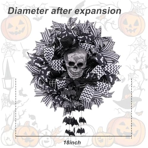 Wreath for Front Door,18 Inch Black White Gothic Skull Wreath with Glitter Skull, Hanging Bats & Wired Ribbons, alternate