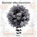 Wreath for Front Door,18 Inch Black White Gothic Skull Wreath with Glitter Skull, Hanging Bats & Wired Ribbons, alternate