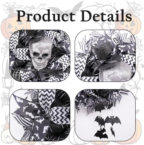 Wreath for Front Door,18 Inch Black White Gothic Skull Wreath with Glitter Skull, Hanging Bats & Wired Ribbons, alternate