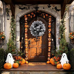 Wreath for Front Door,18 Inch Black White Gothic Skull Wreath with Glitter Skull, Hanging Bats & Wired Ribbons, alternate