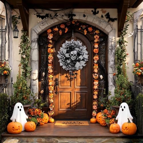Wreath for Front Door,18 Inch Black White Gothic Skull Wreath with Glitter Skull, Hanging Bats & Wired Ribbons, alternate