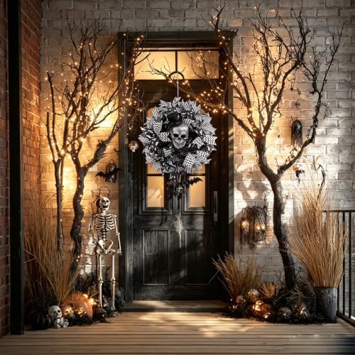 Wreath for Front Door,18 Inch Black White Gothic Skull Wreath with Glitter Skull, Hanging Bats & Wired Ribbons, alternate
