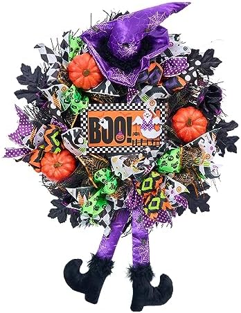 Wreath for Front Door,20 inch Whimsical mesh Wreath with Witch in Colorful