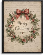 Wreath Framed Christmas Wall Art, Farmhouse Merry Christmas Canvas Pictures