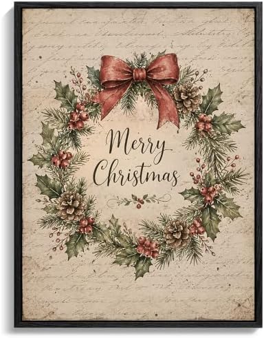 Wreath Framed Christmas Wall Art, Farmhouse Merry Christmas Canvas Pictures