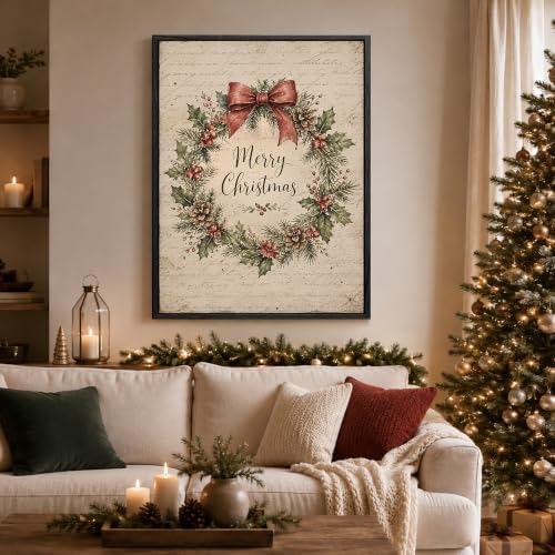 Wreath Framed Christmas Wall Art, Farmhouse Merry Christmas Canvas Pictures, alternate view 2