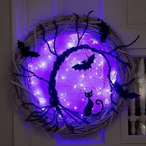 Wreaths for Front Door, 15 Inch Lighted Wreath with Bat and Cat Decor, 45 LED Purple Lights Battery Operated