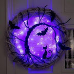 Wreaths for Front Door, 15 Inch Lighted Wreath with Bat and Cat Decor, 45 LED Purple Lights Battery Operated