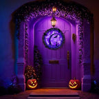 Wreaths for Front Door, 15 Inch Lighted Wreath with Bat and Cat Decor, 45 LED Purple Lights Battery Operated, alternate view