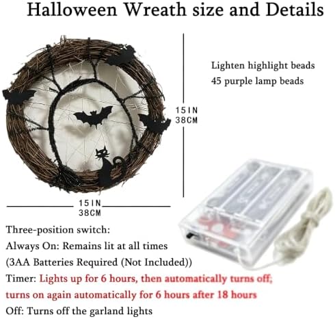 Wreaths for Front Door, 15 Inch Lighted Wreath with Bat and Cat Decor, 45 LED Purple Lights Battery Operated, alternate view