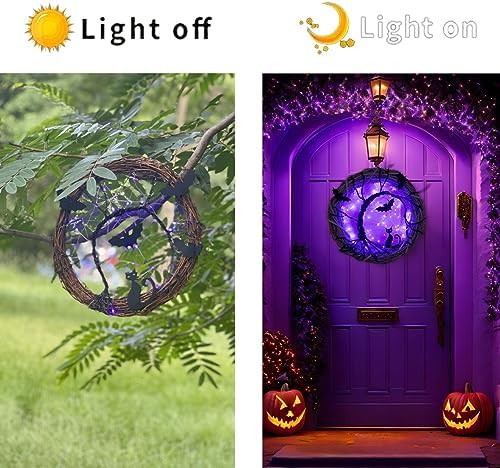 Wreaths for Front Door, 15 Inch Lighted Wreath with Bat and Cat Decor, 45 LED Purple Lights Battery Operated, alternate view